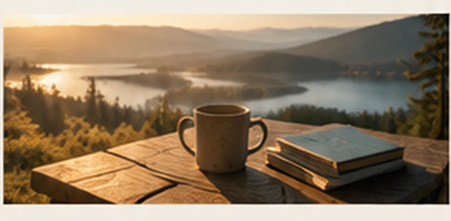 Notebook and mug overlooking a lake