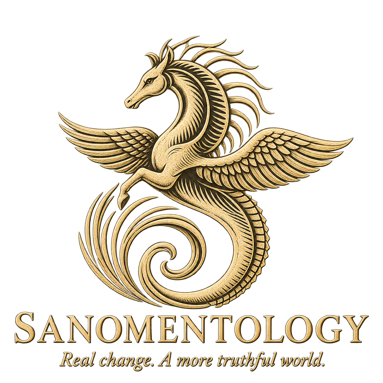 The gold Sanomentology winged emblem and Real change. A more truthful world motto