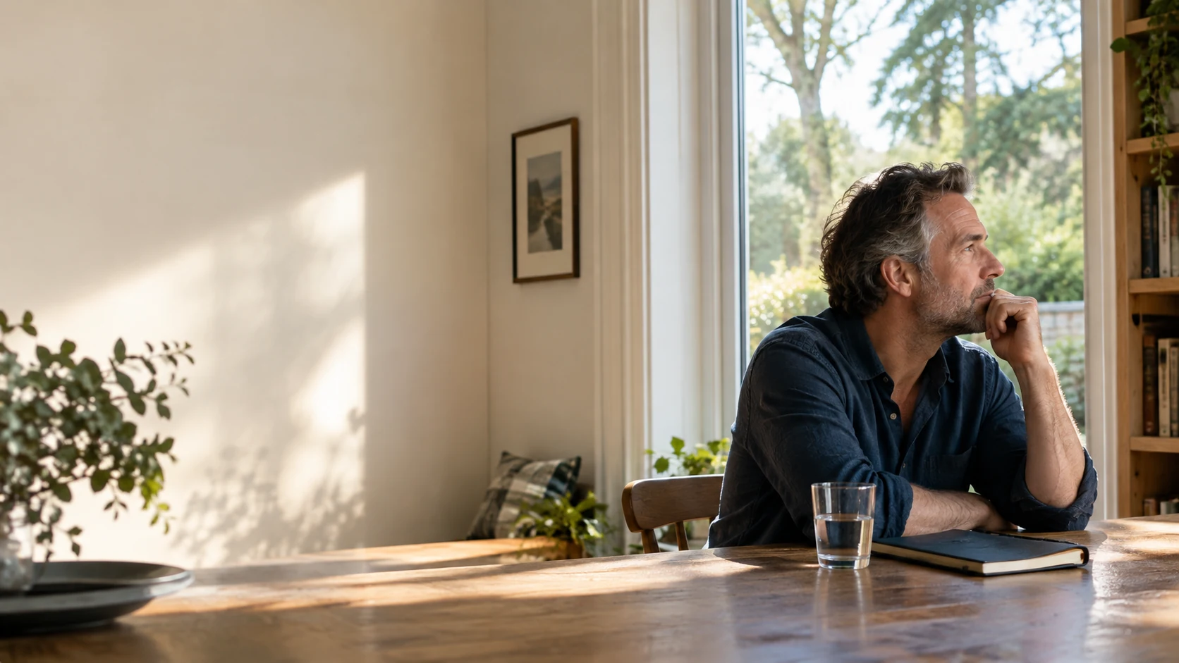A man sitting at home looking thoughtfully out of a sunlit window